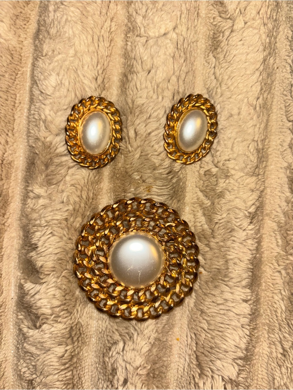 Vintage Gold and Pearl-Accent Brooch with Matching Earrings